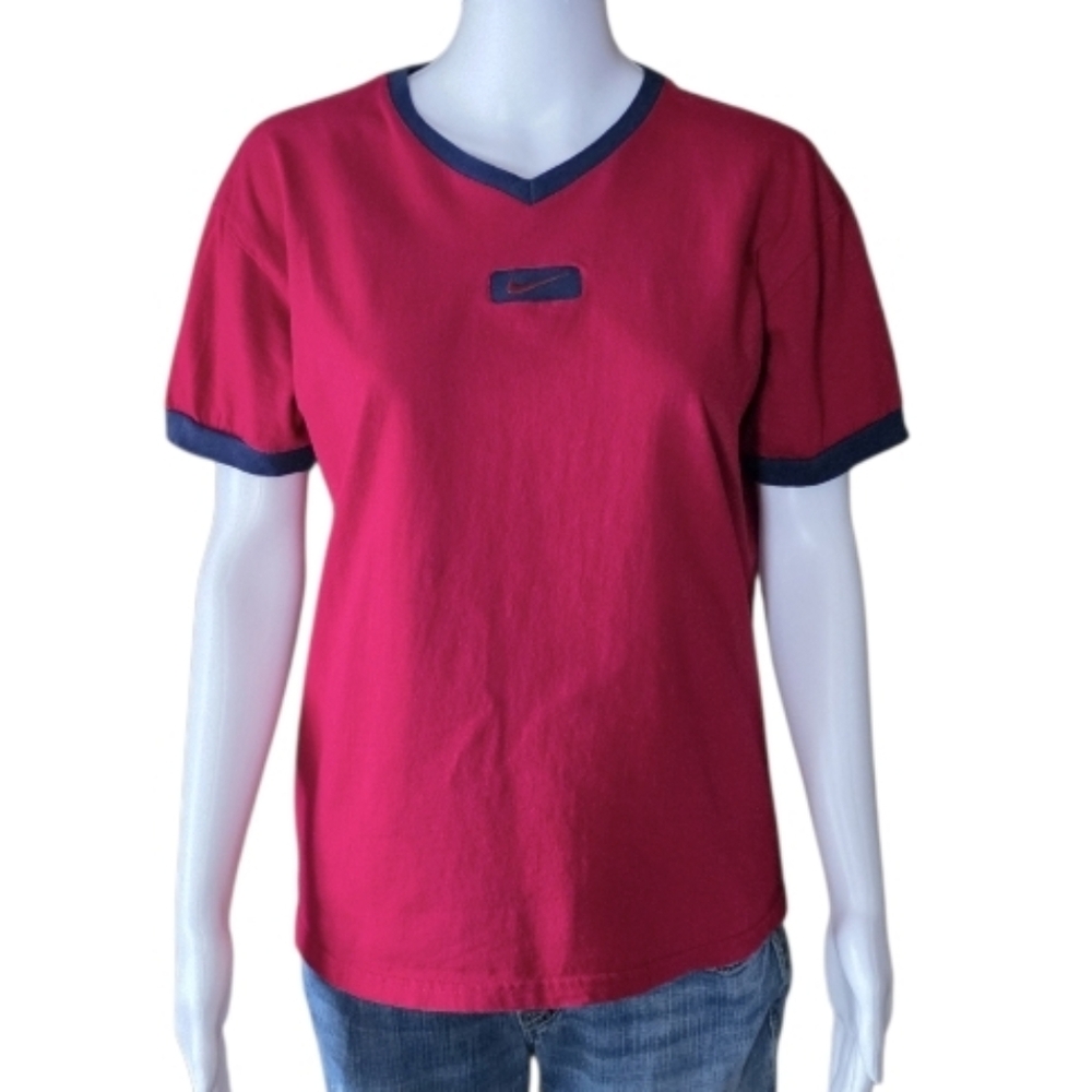 Vintage 90s Nike Mini Swoosh Ringer Tee - Made in USA - Red/Navy Blue